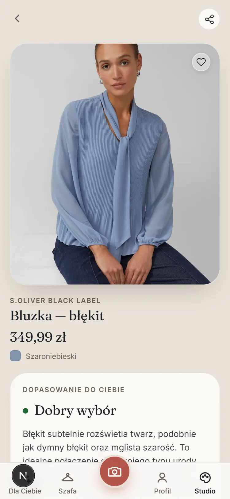 Ekran produktu w aplikacji Flattera: błękitna bluzka s.Oliver Black Label za 349,99 zł z werdyktem „Dobry wybór” i uzasadnieniem odnoszącym się do palety