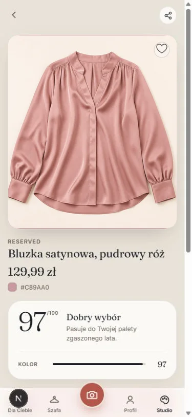 Demonstracyjny ekran produktu Reserved w aplikacji Flattera, z ceną 129,99 zł i dopasowaniem 97 na 100